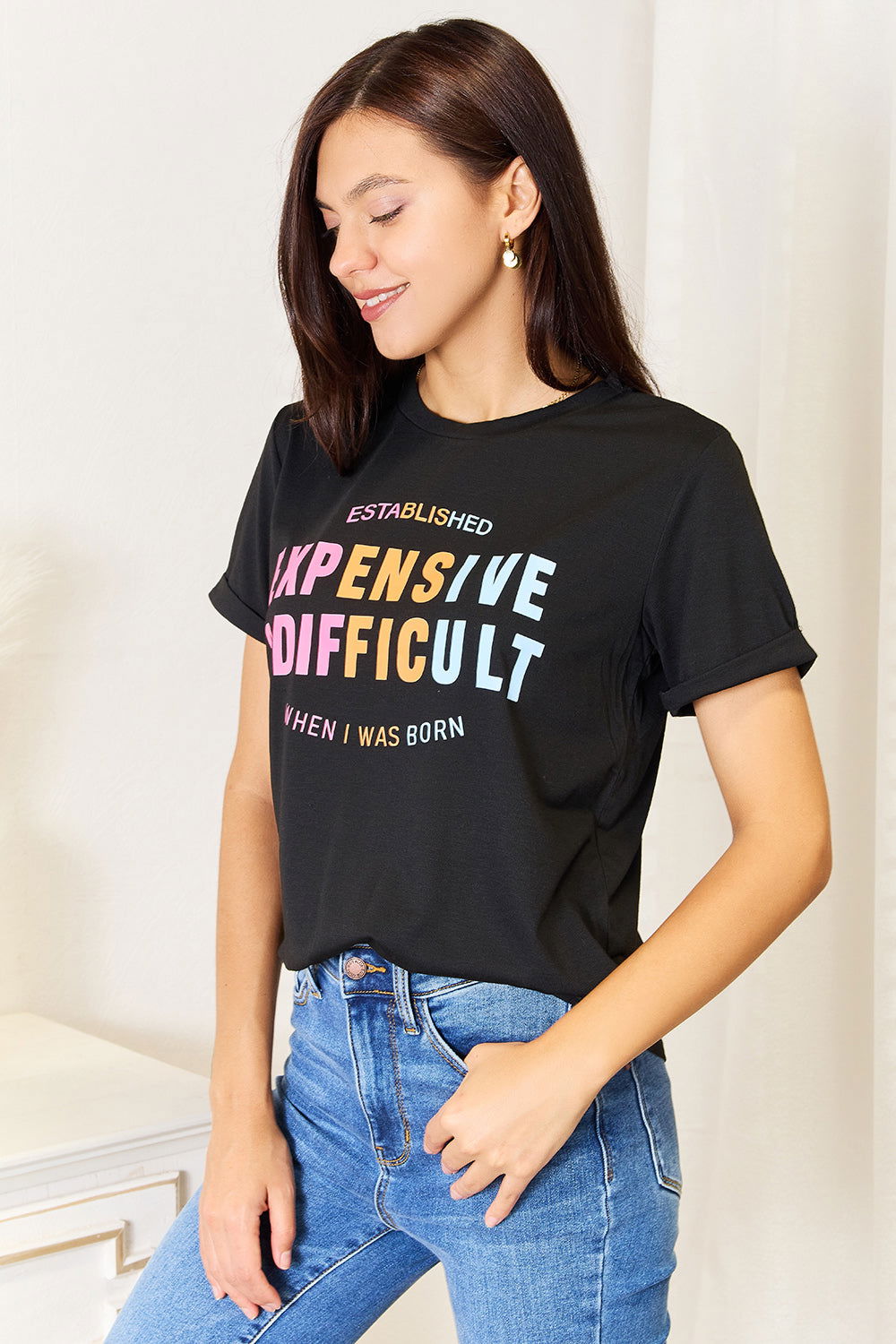 Simply Love Slogan Graphic Cuffed Sleeve T-Shirt - Fashionqueene.com-Simply Love Slogan Graphic Cuffed Sleeve T-Shirt