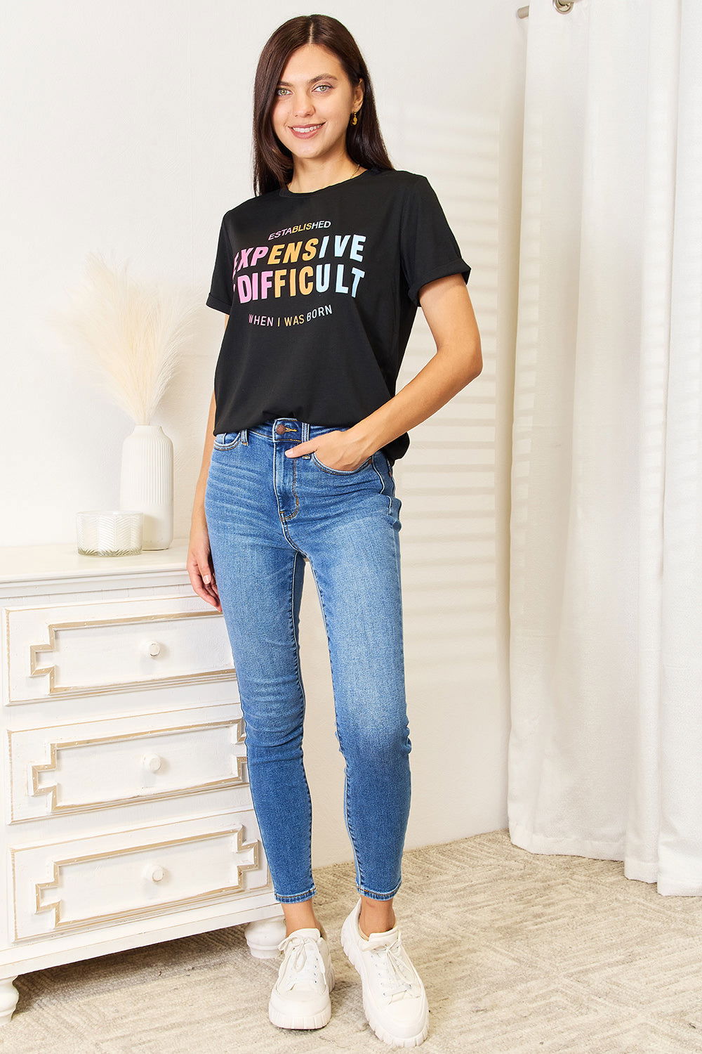 Simply Love Slogan Graphic Cuffed Sleeve T-Shirt - Fashionqueene.com-Simply Love Slogan Graphic Cuffed Sleeve T-Shirt