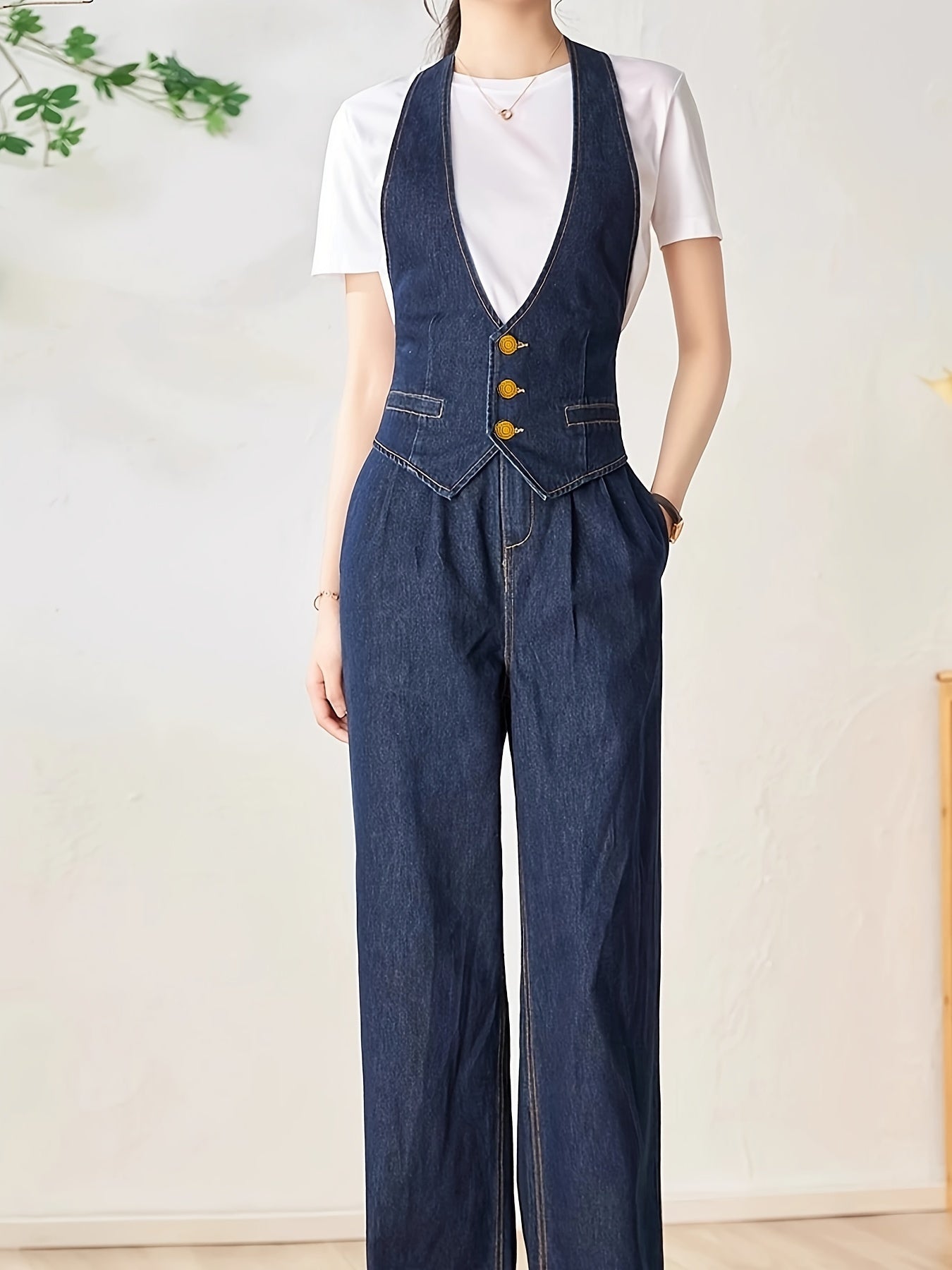 Solid Color Womens Elegant Denim Jumpsuit - V-Neck - Fashionqueene.com-jumpsuit