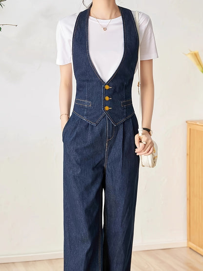 Solid Color Womens Elegant Denim Jumpsuit - V-Neck - Fashionqueene.com-jumpsuit