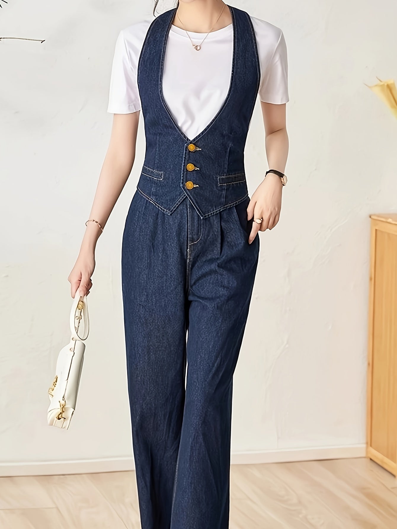 Solid Color Womens Elegant Denim Jumpsuit - V-Neck - Fashionqueene.com-jumpsuit