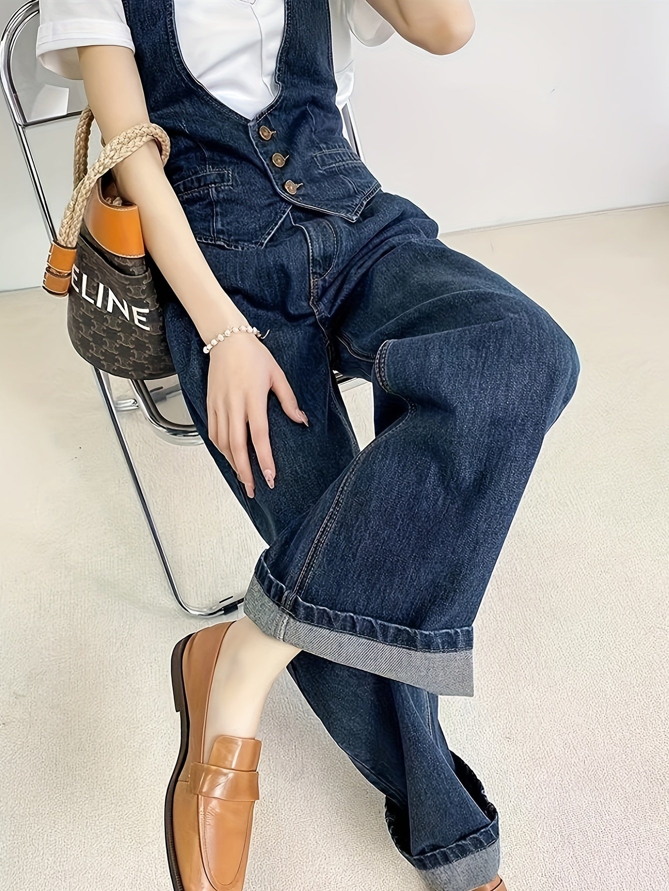 Solid Color Womens Elegant Denim Jumpsuit - V-Neck - Fashionqueene.com-jumpsuit