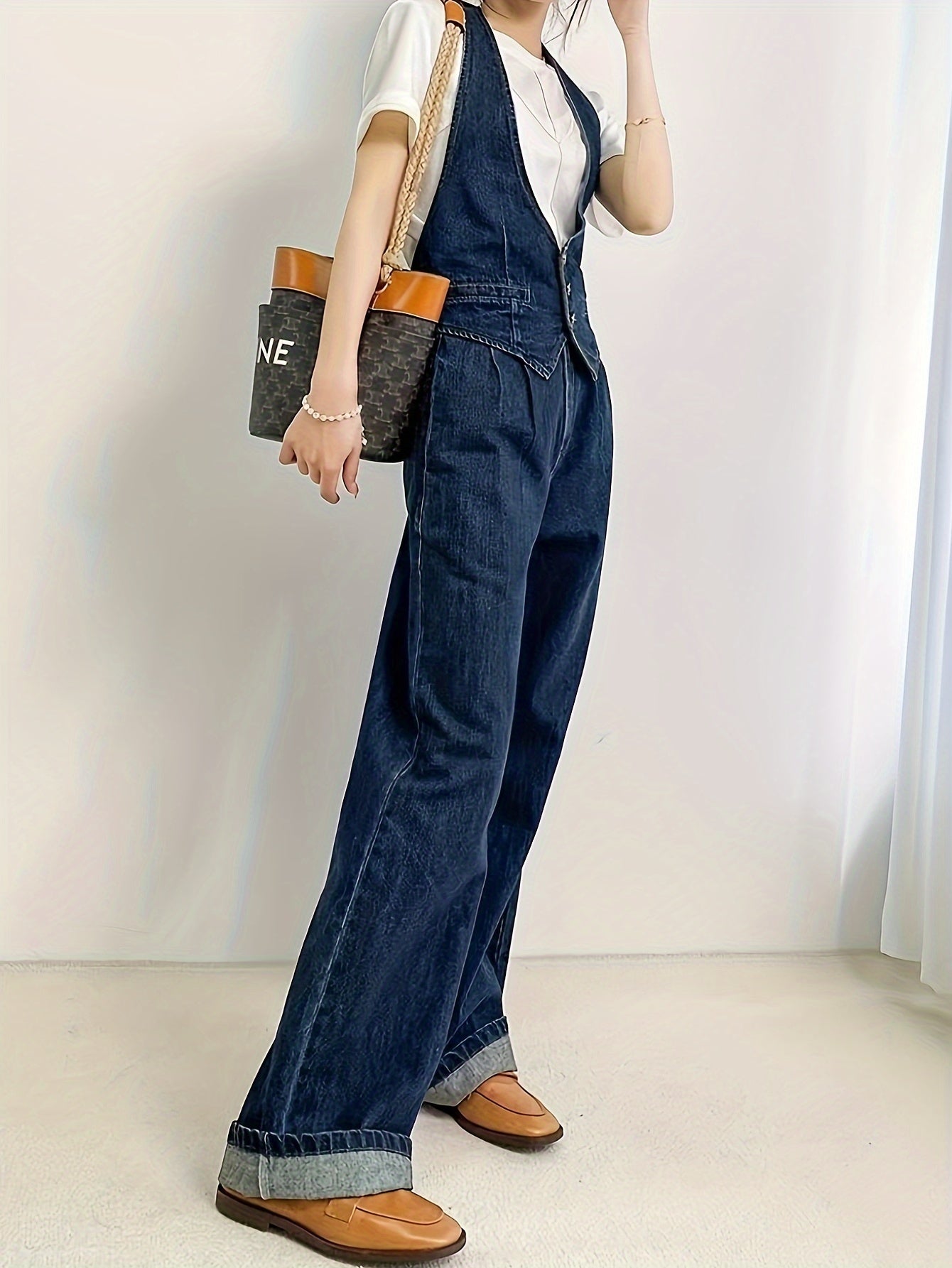 Solid Color Womens Elegant Denim Jumpsuit - V-Neck - Fashionqueene.com-jumpsuit