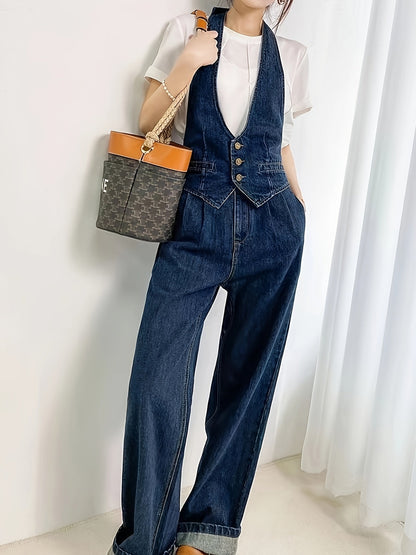 Solid Color Womens Elegant Denim Jumpsuit - V-Neck - Fashionqueene.com-jumpsuit