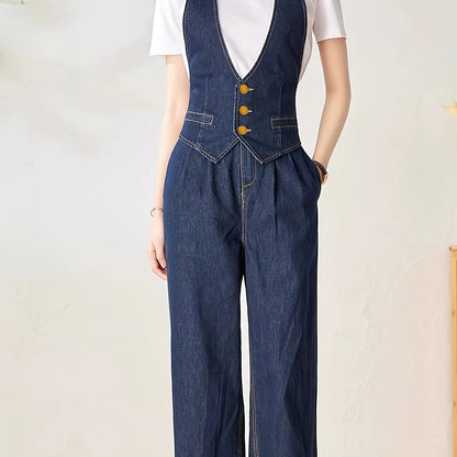 Solid Color Womens Elegant Denim Jumpsuit - V-Neck - Fashionqueene.com-jumpsuit