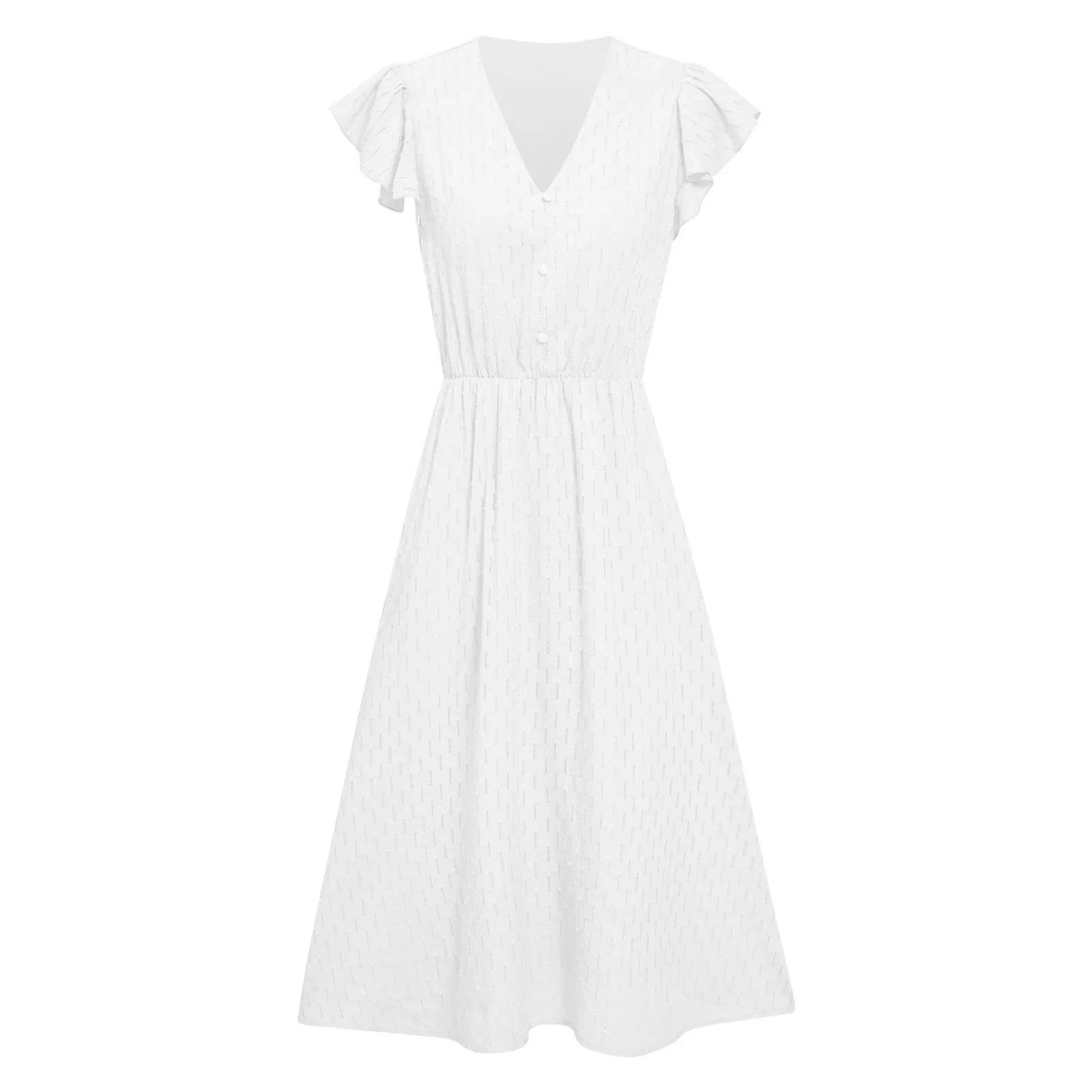 Solid Short Sleeve Flutter Sleeve V Neck Buttoned Dress Formal Occasion - Fashionqueene.com-Elegant Outfits Summer Dresses For Women 2023 Solid Short Sleeve Flutter Sleeve V Neck Buttoned Dress Formal Occasion Dresses