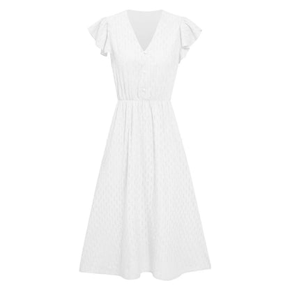 Solid Short Sleeve Flutter Sleeve V Neck Buttoned Dress Formal Occasion - Fashionqueene.com-Elegant Outfits Summer Dresses For Women 2023 Solid Short Sleeve Flutter Sleeve V Neck Buttoned Dress Formal Occasion Dresses