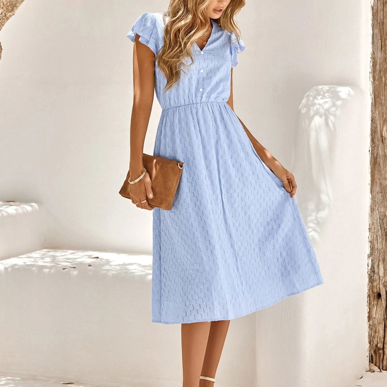 Solid Short Sleeve Flutter Sleeve V Neck Buttoned Dress Formal Occasion - Fashionqueene.com-Elegant Outfits Summer Dresses For Women 2023 Solid Short Sleeve Flutter Sleeve V Neck Buttoned Dress Formal Occasion Dresses