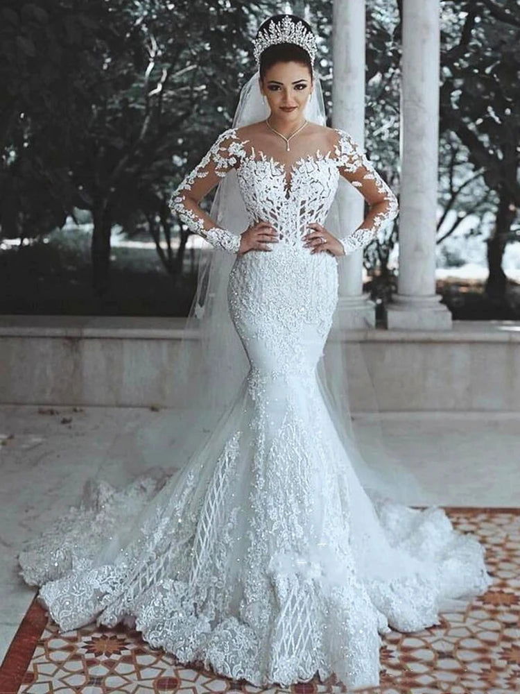 Sparkly Lace Wedding Dress Mermaid Illusion Bodice vestido de noiva Long Sleeve Sheer Neck Appliques Bridal Gowns 2020 Spring - Fashionqueene.com-wedding dress