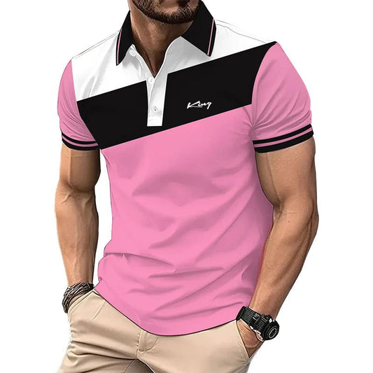 Summer Fashion Business Casual Lapel Polo Shirt Men Short Sleeve Spell Color 3D Digital Print Polo Shirt . - Fashionqueene.com-polo shirt