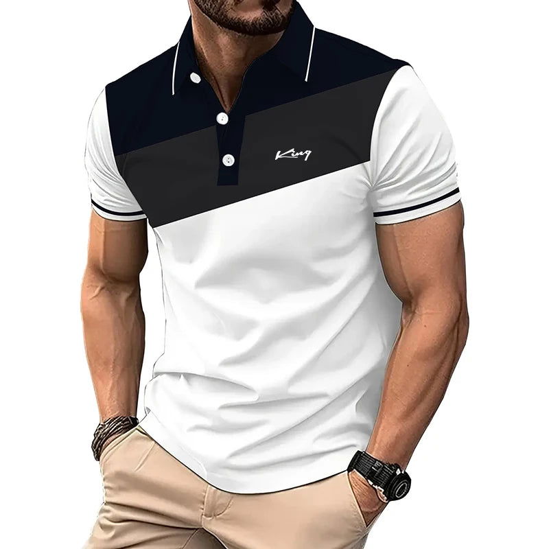 Summer Fashion Business Casual Lapel Polo Shirt Men Short Sleeve Spell Color 3D Digital Print Polo Shirt . - Fashionqueene.com-polo shirt