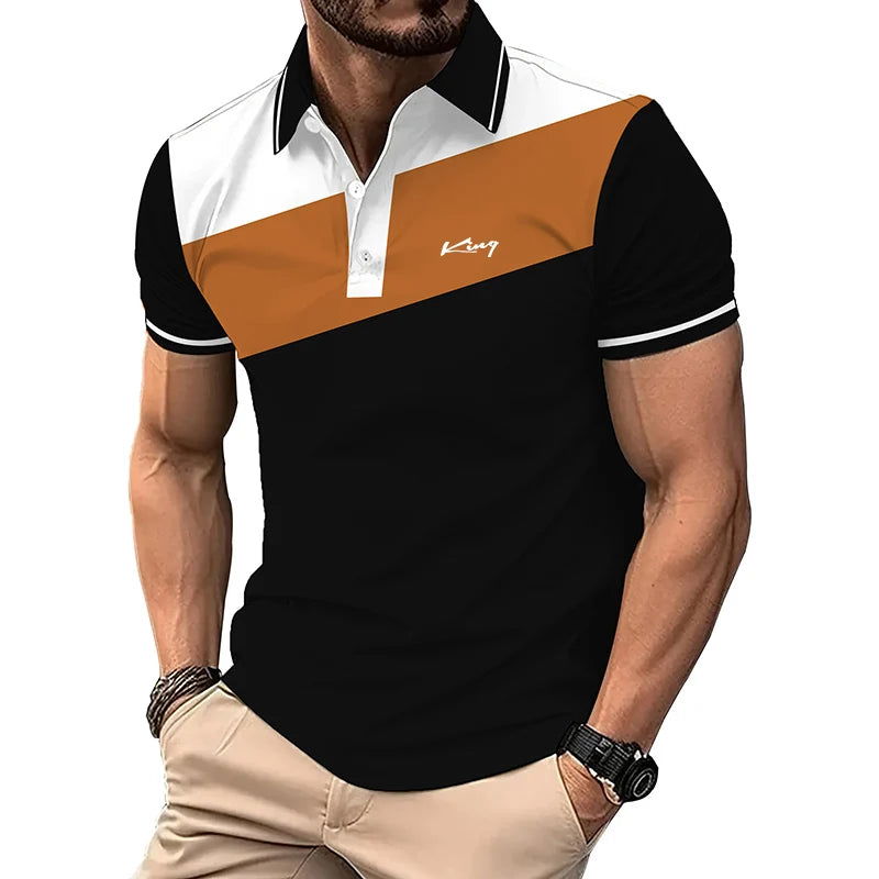 Summer Fashion Business Casual Lapel Polo Shirt Men Short Sleeve Spell Color 3D Digital Print Polo Shirt . - Fashionqueene.com-polo shirt