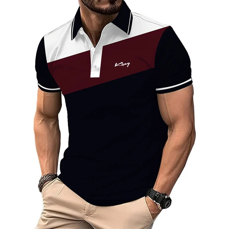 Summer Fashion Business Casual Lapel Polo Shirt Men Short Sleeve Spell Color 3D Digital Print Polo Shirt . - Fashionqueene.com-polo shirt