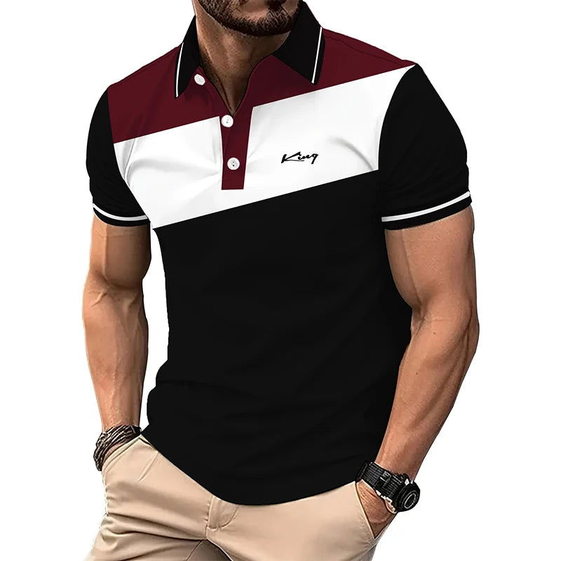 Summer Fashion Business Casual Lapel Polo Shirt Men Short Sleeve Spell Color 3D Digital Print Polo Shirt . - Fashionqueene.com-polo shirt