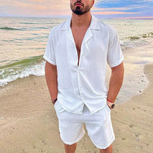 Summer Men Beach Shirt Board Shorts Set Solid White Linen Shirt Button-up Tops Bottom Tracksuit Clothing 2022 - Fashionqueene.com-Summer Men Beach Shirt Board Shorts Set Solid White Linen Shirt Button-up Tops Bottom Tracksuit Clothing 2022