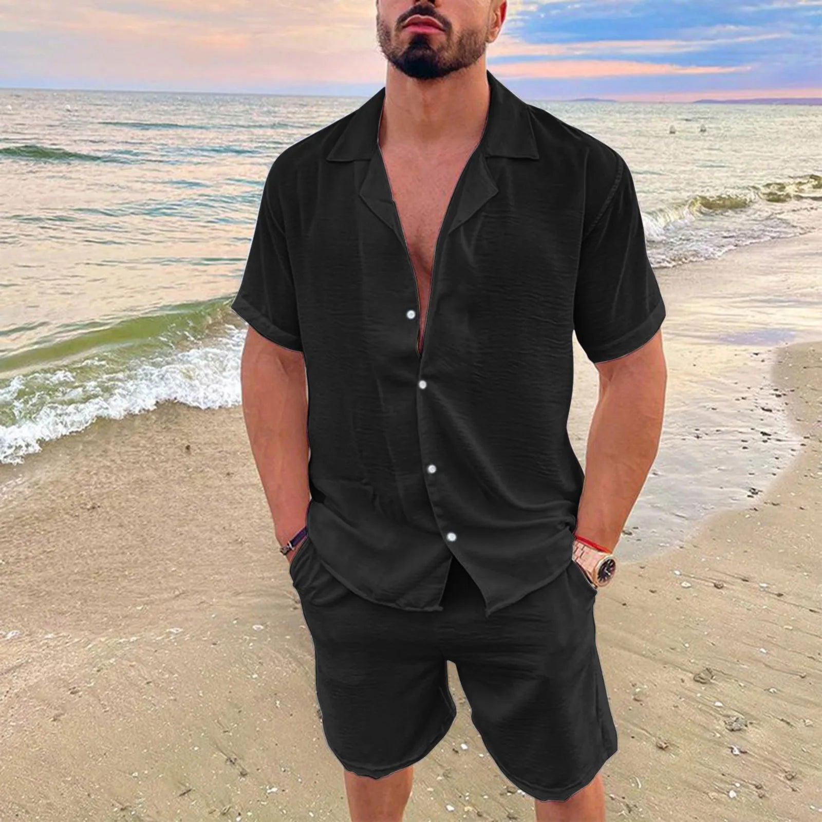 Summer Men Beach Shirt Board Shorts Set Solid White Linen Shirt Button-up Tops Bottom Tracksuit Clothing 2022 - Fashionqueene.com-Summer Men Beach Shirt Board Shorts Set Solid White Linen Shirt Button-up Tops Bottom Tracksuit Clothing 2022