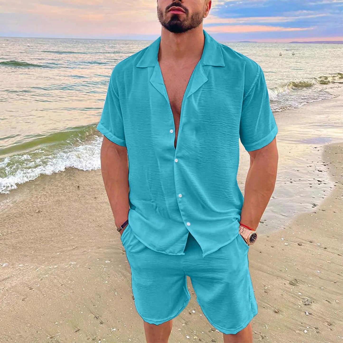 Summer Men Beach Shirt Board Shorts Set Solid White Linen Shirt Button-up Tops Bottom Tracksuit Clothing 2022 - Fashionqueene.com-Summer Men Beach Shirt Board Shorts Set Solid White Linen Shirt Button-up Tops Bottom Tracksuit Clothing 2022