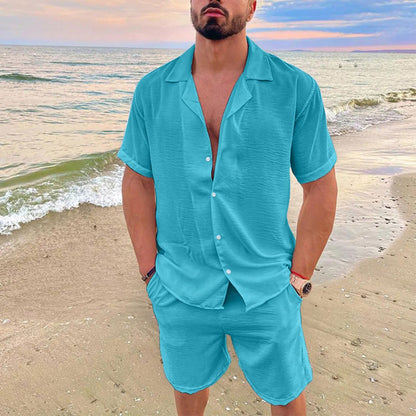 Summer Men Beach Shirt Board Shorts Set Solid White Linen Shirt Button-up Tops Bottom Tracksuit Clothing 2022 - Fashionqueene.com-Summer Men Beach Shirt Board Shorts Set Solid White Linen Shirt Button-up Tops Bottom Tracksuit Clothing 2022