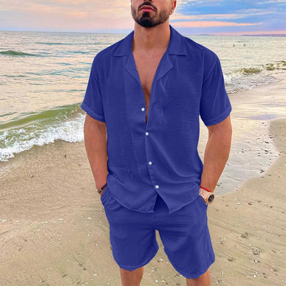 Summer Men Beach Shirt Board Shorts Set Solid White Linen Shirt Button-up Tops Bottom Tracksuit Clothing 2022 - Fashionqueene.com-Summer Men Beach Shirt Board Shorts Set Solid White Linen Shirt Button-up Tops Bottom Tracksuit Clothing 2022