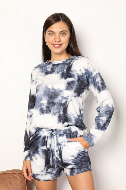 Tie-Dye Round Neck Top and Shorts Lounge Set - Fashionqueene.com-Tie-Dye Round Neck Top and Shorts Lounge Set