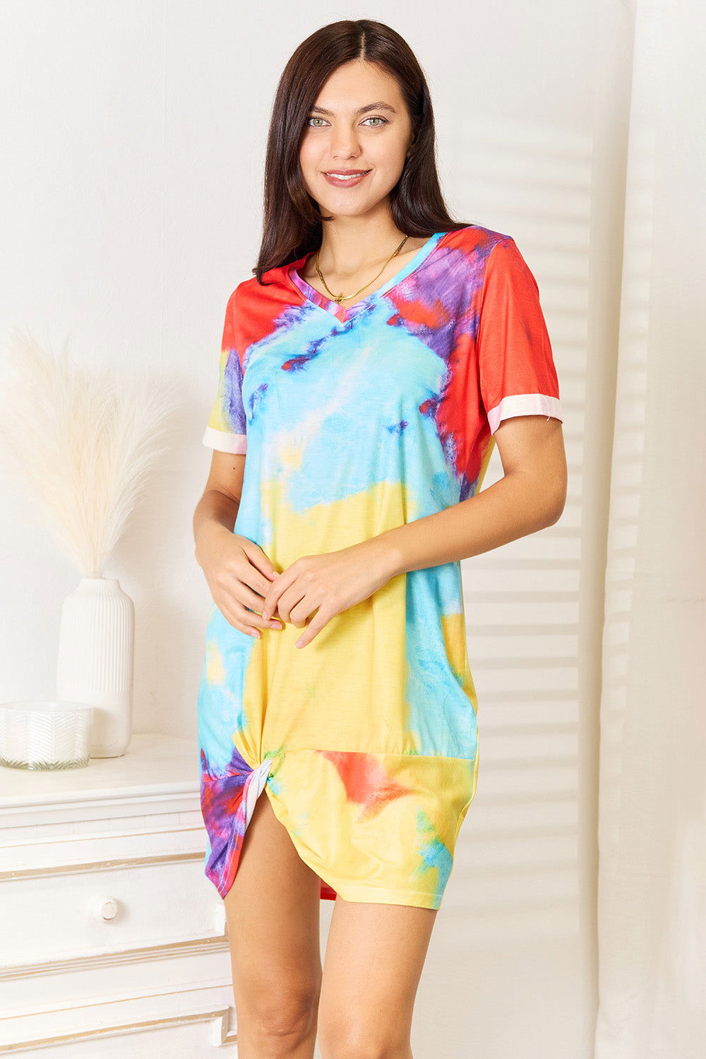 Tie-Dye V-Neck Twisted Dress - Fashionqueene.com-Tie-Dye V-Neck Twisted Dress