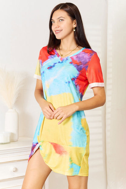 Tie-Dye V-Neck Twisted Dress - Fashionqueene.com-Tie-Dye V-Neck Twisted Dress