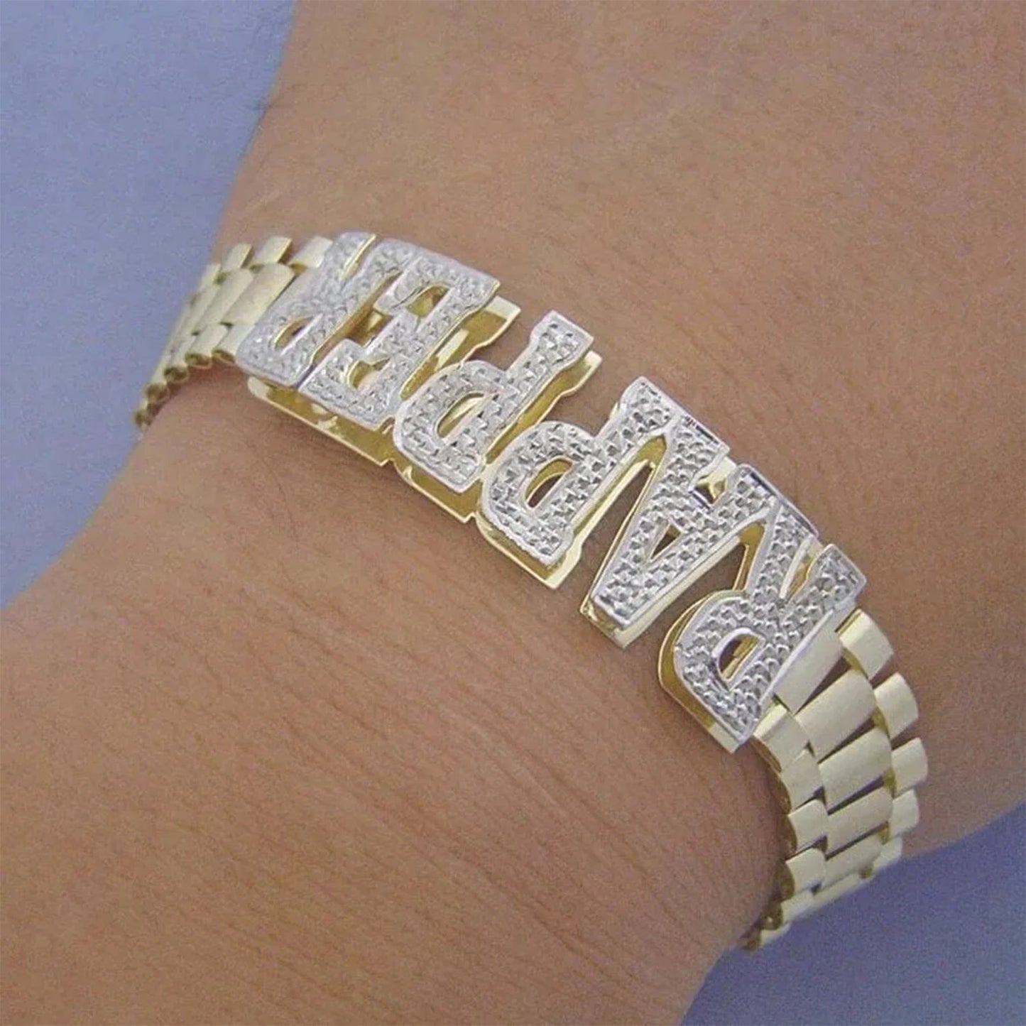 Two Tone Gold Personalized Name Bracelet 3D Custom Name Stainless Steel Jewelry Double Layer Watch Band Chain Gift - Fashionqueene.com-name bracelet