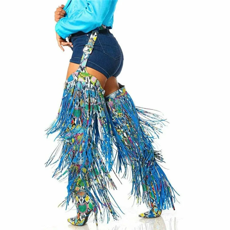 Fringe Belted Chaps Over The Knee Snakeskin Boots Women Pointed Toe Thigh High Long Tassel Boots snakeskin 12cm heel