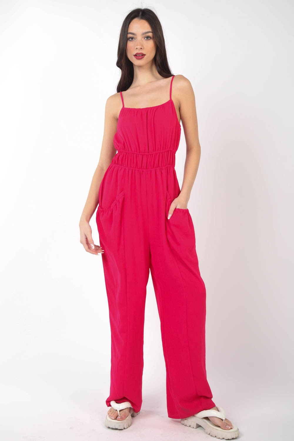 VERY J Pintuck Detail Woven Sleeveless Jumpsuit - Fashionqueene.com-VERY J Pintuck Detail Woven Sleeveless Jumpsuit