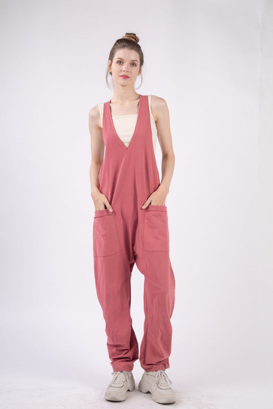 VERY J  Plunge Sleeveless Jumpsuit with Pockets - Fashionqueene.com-VERY J Plunge Sleeveless Jumpsuit with Pockets