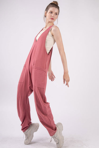 VERY J  Plunge Sleeveless Jumpsuit with Pockets - Fashionqueene.com-VERY J Plunge Sleeveless Jumpsuit with Pockets