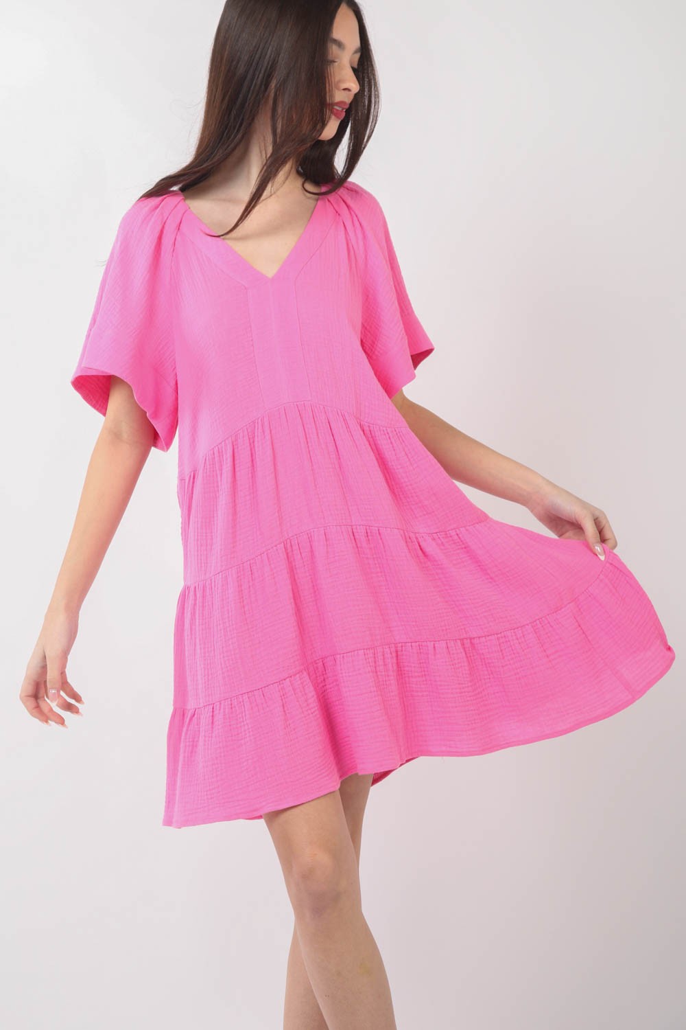 VERY J Texture V-Neck Ruffled Tiered Dress - Fashionqueene.com-VERY J Texture V-Neck Ruffled Tiered Dress