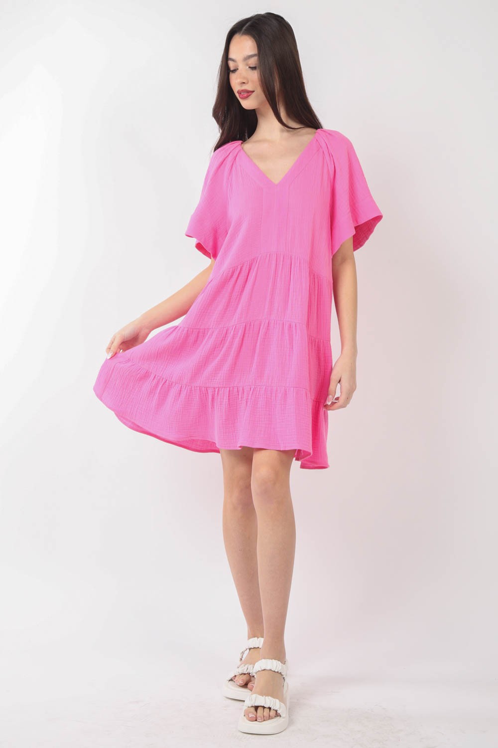 VERY J Texture V-Neck Ruffled Tiered Dress - Fashionqueene.com-VERY J Texture V-Neck Ruffled Tiered Dress