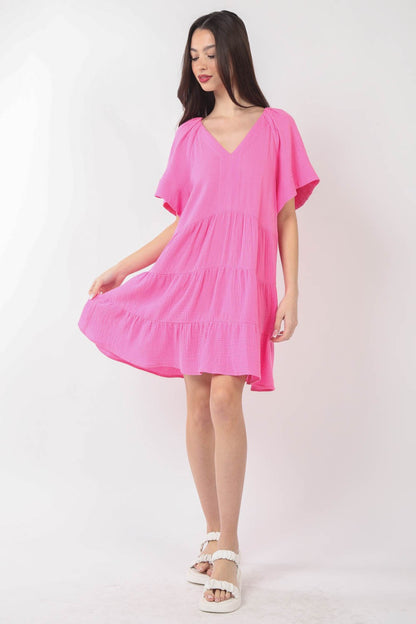 VERY J Texture V-Neck Ruffled Tiered Dress - Fashionqueene.com-VERY J Texture V-Neck Ruffled Tiered Dress