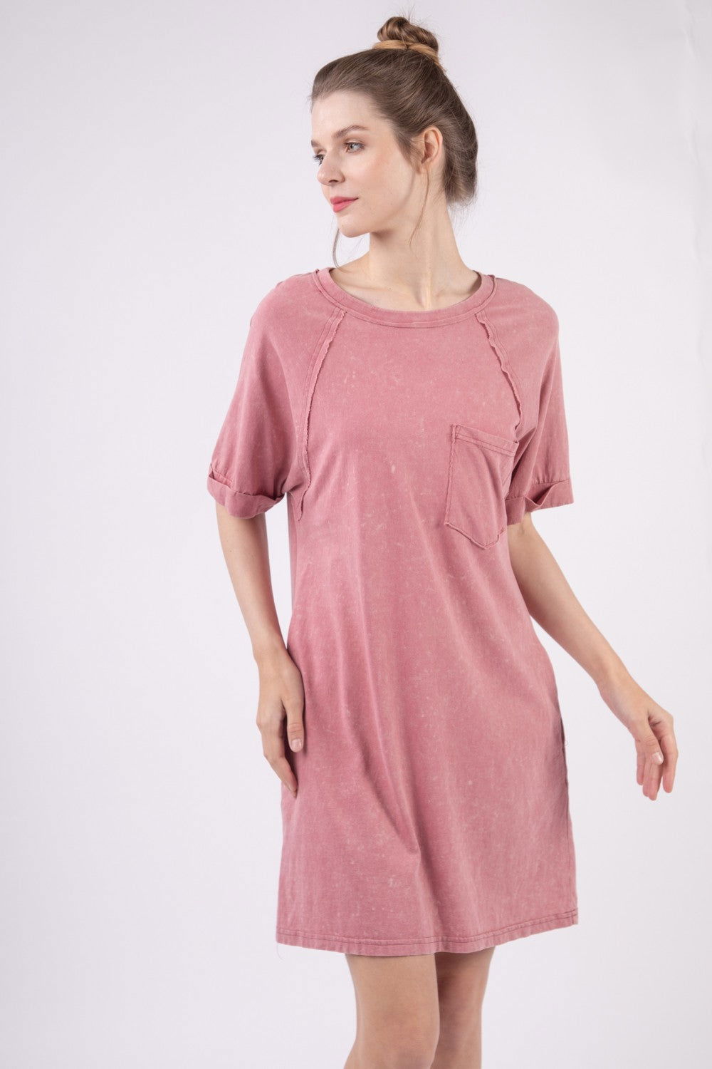 VERY J Washed Round Neck Mini Tee Dress - Fashionqueene.com-VERY J Washed Round Neck Mini Tee Dress