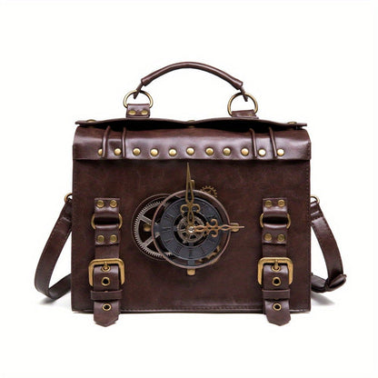 Vintage Steampunk Gear Shoulder Bag - Unique Punk Style PU Leather Messenger Crossbody Bag with Adjustable Strap and Industrial Retro Design Elements - Fashionqueene.com-handbag