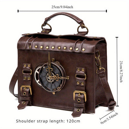 Vintage Steampunk Gear Shoulder Bag - Unique Punk Style PU Leather Messenger Crossbody Bag with Adjustable Strap and Industrial Retro Design Elements - Fashionqueene.com-handbag