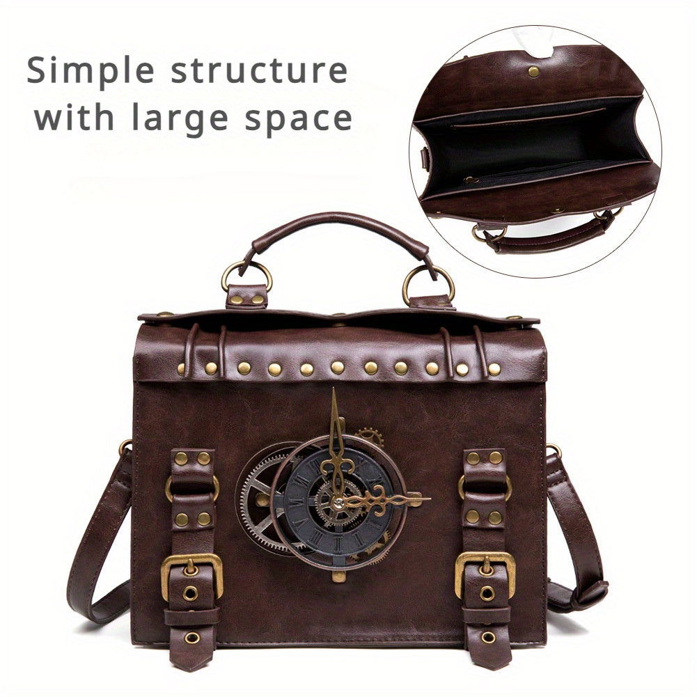 Vintage Steampunk Gear Shoulder Bag - Unique Punk Style PU Leather Messenger Crossbody Bag with Adjustable Strap and Industrial Retro Design Elements - Fashionqueene.com-handbag