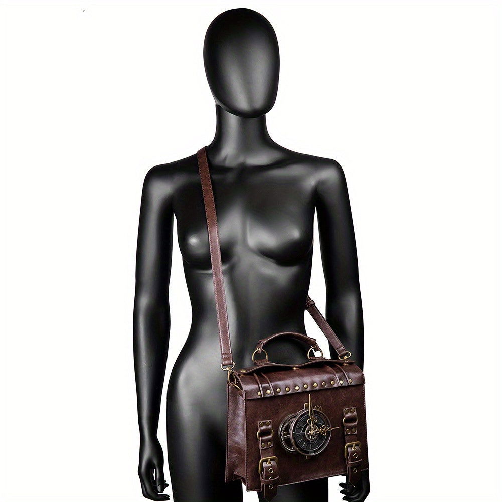 Vintage Steampunk Gear Shoulder Bag - Unique Punk Style PU Leather Messenger Crossbody Bag with Adjustable Strap and Industrial Retro Design Elements - Fashionqueene.com-handbag