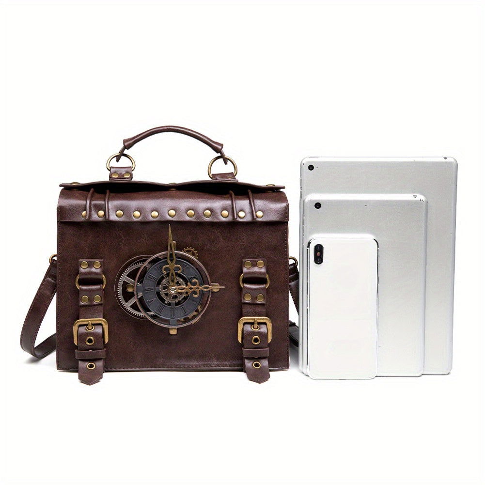 Vintage Steampunk Gear Shoulder Bag - Unique Punk Style PU Leather Messenger Crossbody Bag with Adjustable Strap and Industrial Retro Design Elements - Fashionqueene.com-handbag