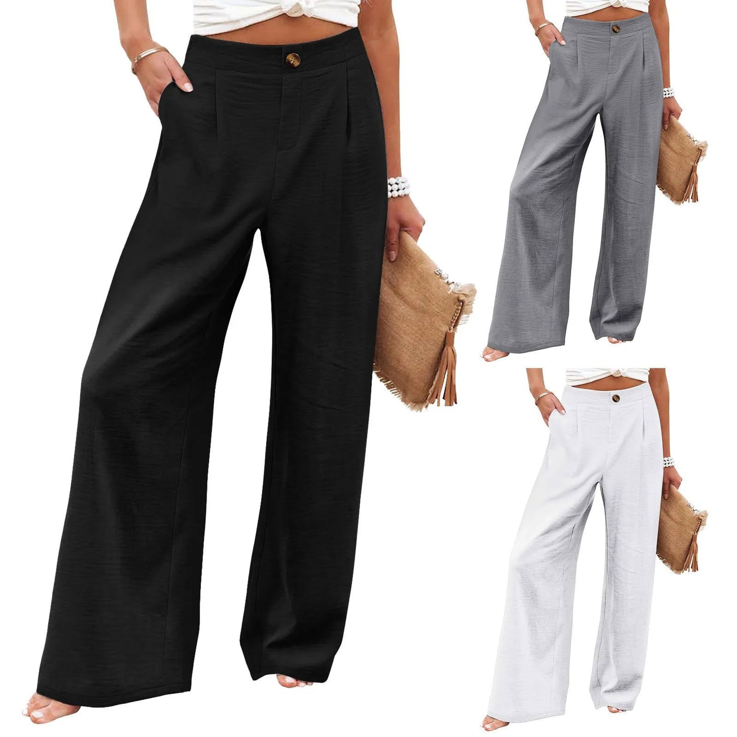 Wide Leg Pants For Women Solid Color Elastic Waist Trousers Button Pocket Loose - Fashionqueene.com-ladies pants