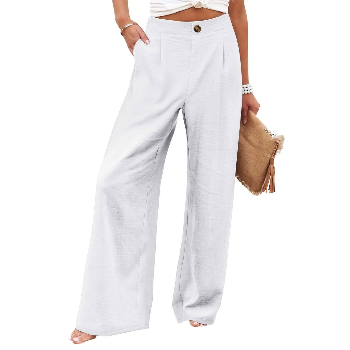 Wide Leg Pants For Women Solid Color Elastic Waist Trousers Button Pocket Loose - Fashionqueene.com-ladies pants