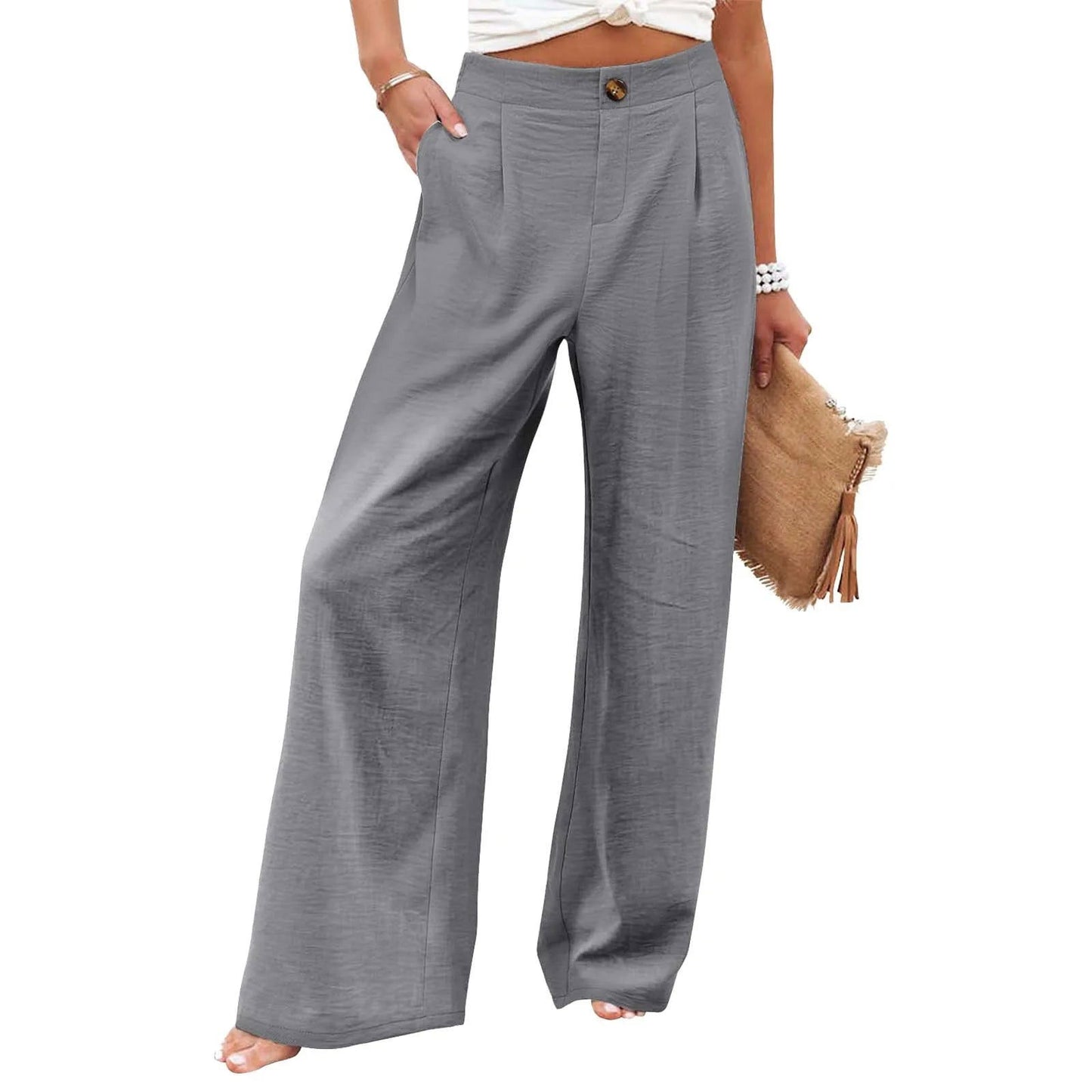 Wide Leg Pants For Women Solid Color Elastic Waist Trousers Button Pocket Loose - Fashionqueene.com-ladies pants