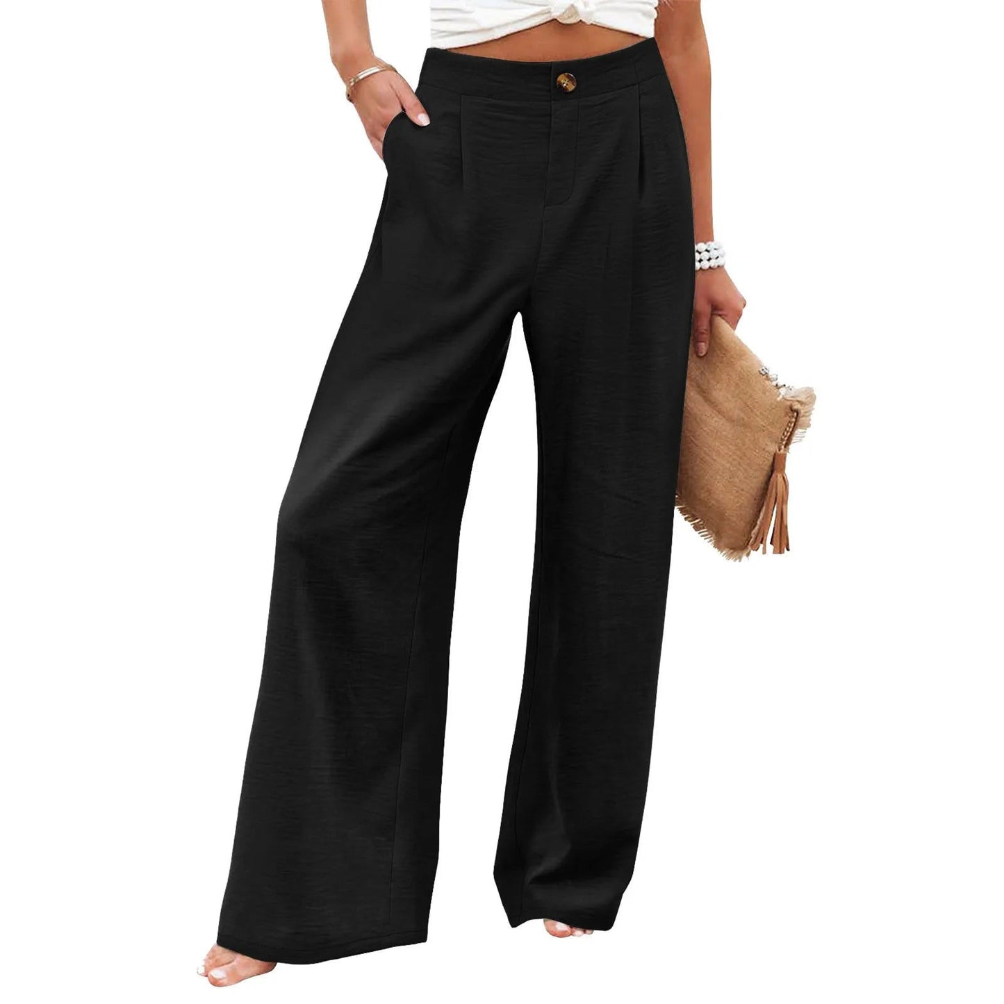 Wide Leg Pants For Women Solid Color Elastic Waist Trousers Button Pocket Loose - Fashionqueene.com-ladies pants