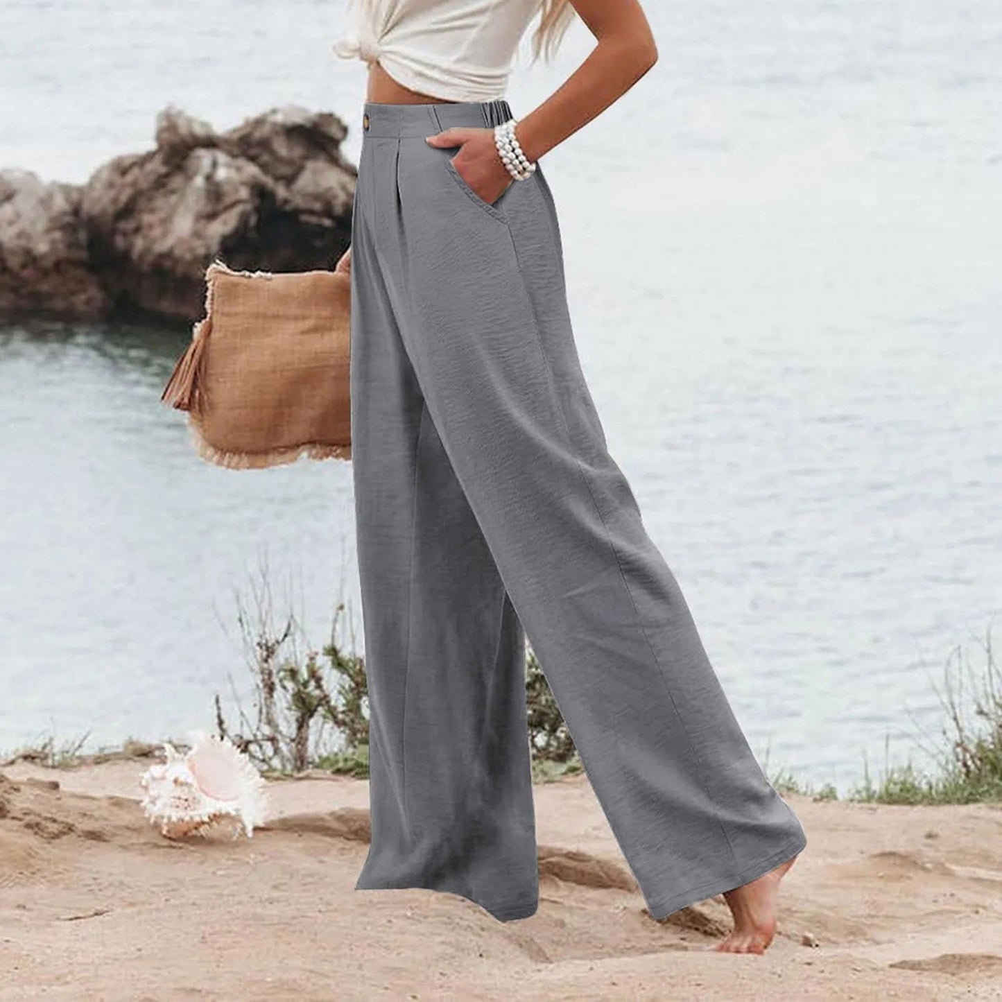 Wide Leg Pants For Women Solid Color Elastic Waist Trousers Button Pocket Loose - Fashionqueene.com-ladies pants