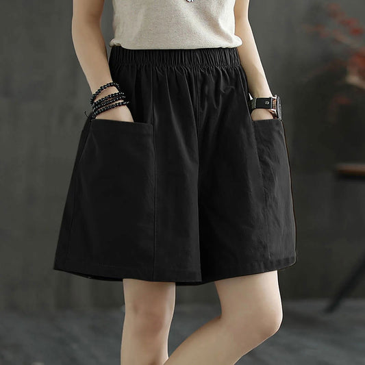 Women Casual Shorts 2023 Summer Fashion New Elastic Waist Cotton Linen Shorts Pocket Knee Length Bermuda Shorts - Fashionqueene.com-shorts