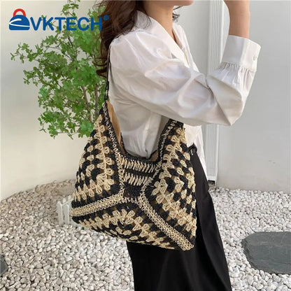 Women Fashion Woven Handbag Large Capacity Straw Woven Tote Bag Weave Straw Bag All-matched Beach Travel Bag - Fashionqueene.com-woven handbag