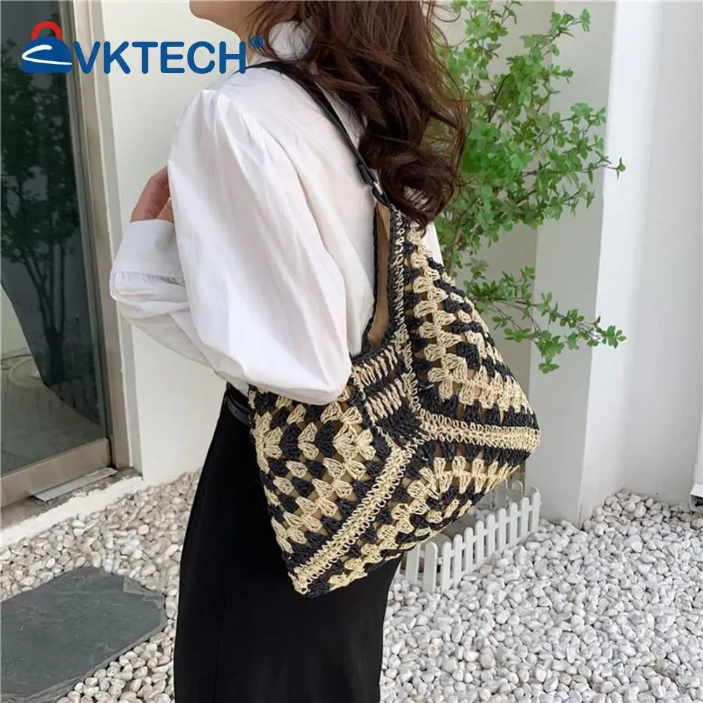 Women Fashion Woven Handbag Large Capacity Straw Woven Tote Bag Weave Straw Bag All-matched Beach Travel Bag - Fashionqueene.com-woven handbag