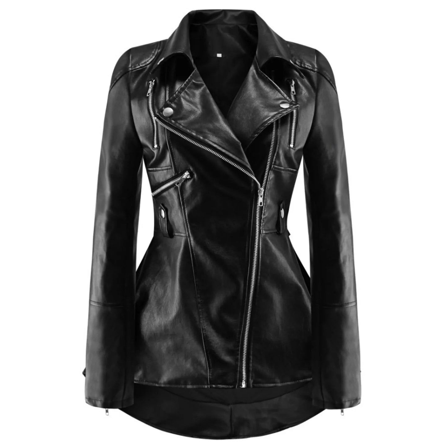 Women Leather Zipper Long Slim Biker Motorcycle Coat - Fashionqueene.com-leather jacket