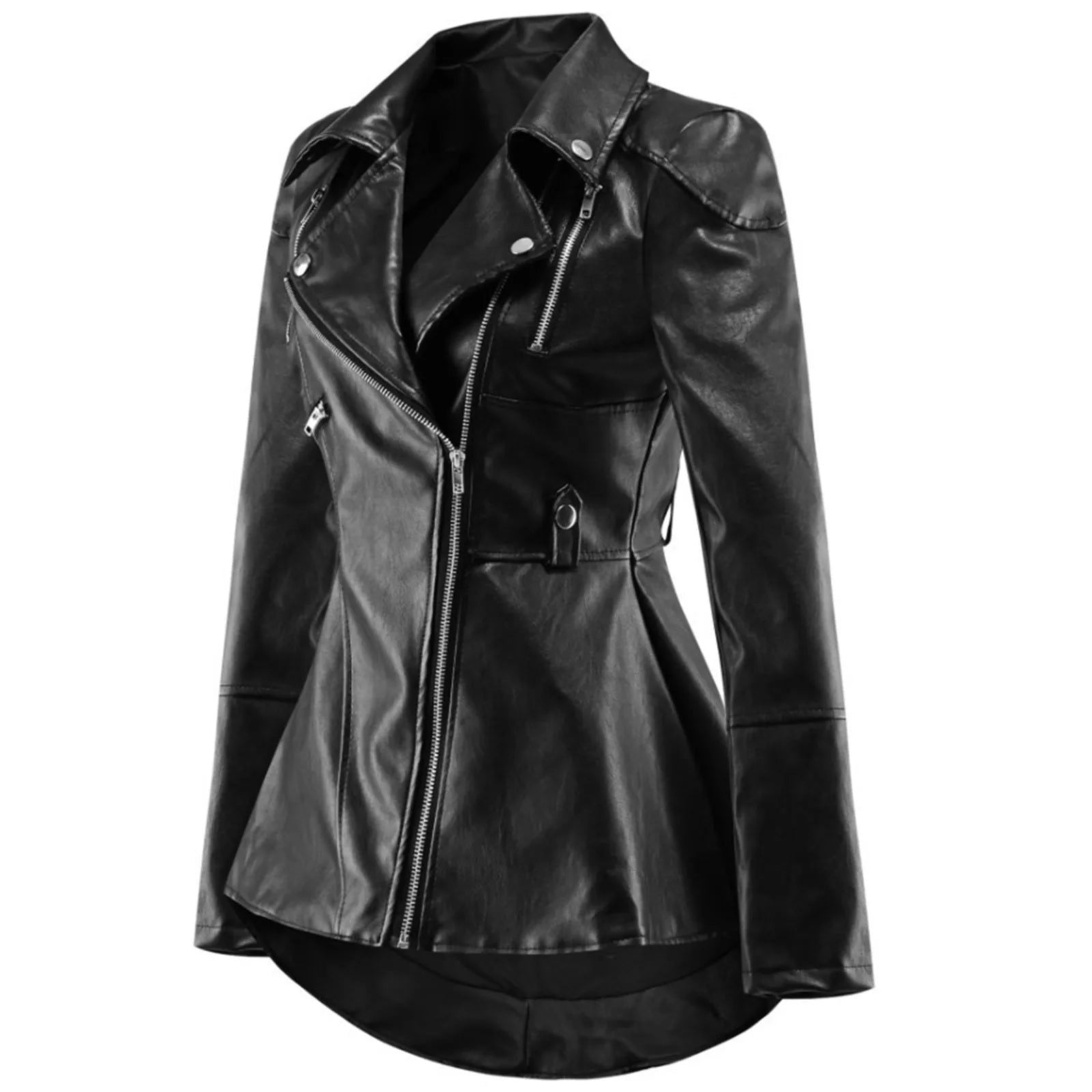 Women Leather Zipper Long Slim Biker Motorcycle Coat - Fashionqueene.com-leather jacket